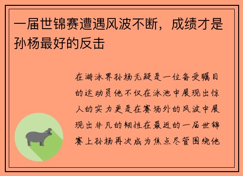 一届世锦赛遭遇风波不断，成绩才是孙杨最好的反击