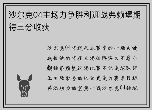 沙尔克04主场力争胜利迎战弗赖堡期待三分收获