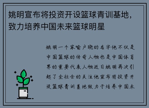 姚明宣布将投资开设篮球青训基地，致力培养中国未来篮球明星